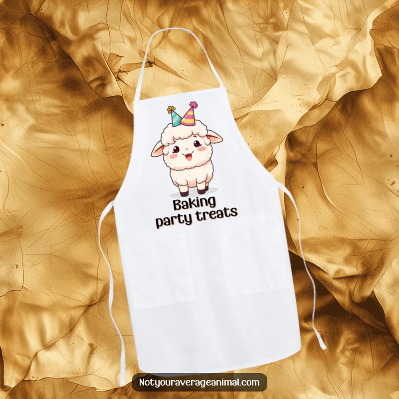 Funny sheep apron showing a fluffy sheep in a party hat cheerfully bleating, ready to add festive fun to any culinary task.