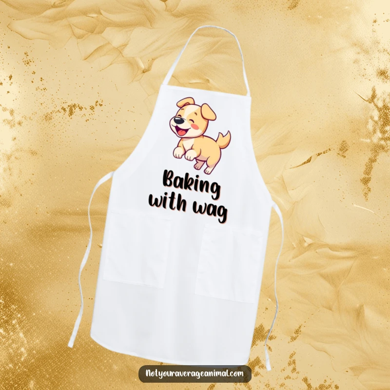 Funny dog apron with a happy dog wagging its tail and barking, ideal for kitchen use.