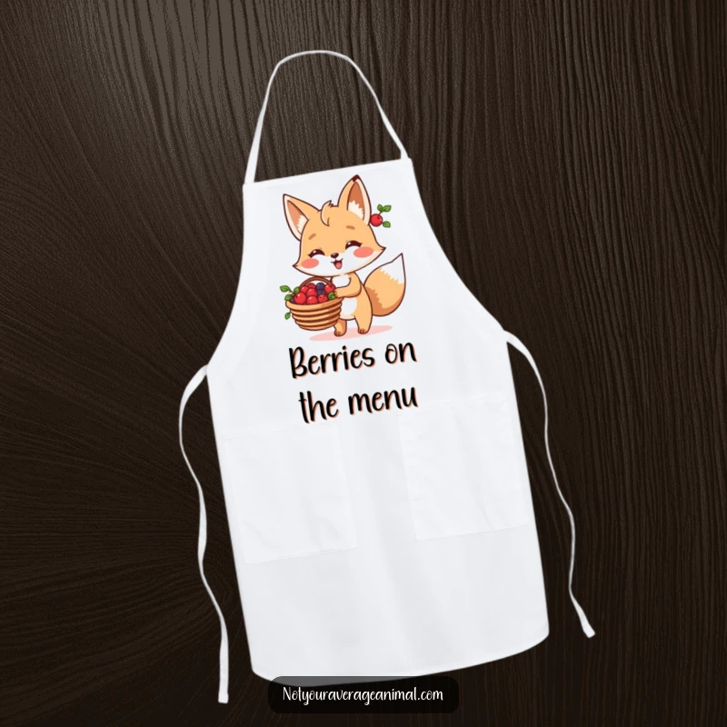 Funny Fox Apron showing a cheerful fox character carrying a basket of berries, adding a humorous woodland touch to cooking.