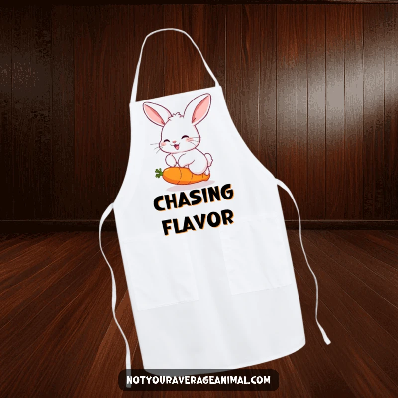 Funny kitchen apron with a fluffy rabbit with large ears, joyfully hopping over a comically bouncing carrot, ready for culinary adventures.