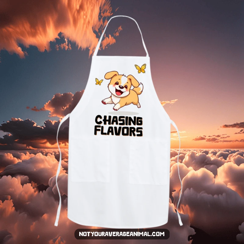 Funny apron design of a happy dog with a furiously wagging tail, joyfully chasing a butterfly, ready for culinary fun.