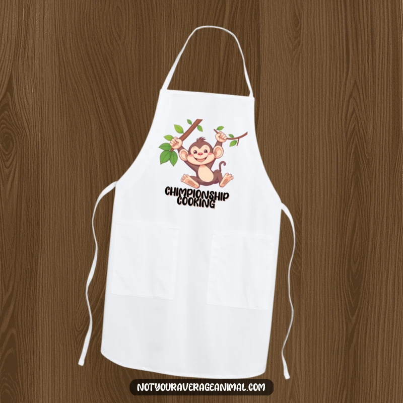 Funny monkey apron with a silly monkey grinning widely while swinging from a vine, ready for kitchen duty.