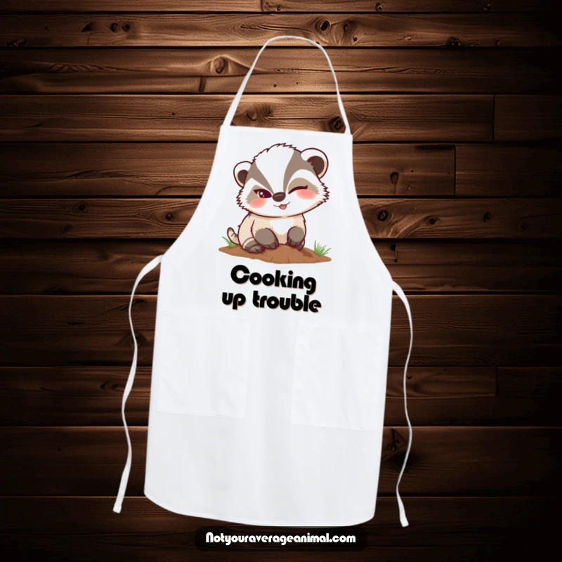 Funny mischievous badger apron, a character winking while digging, ideal for kitchen fun.