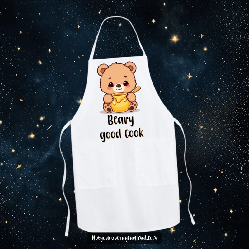 Funny Apron featuring a cute, fuzzy bear cub with a sweet smile, hilariously hugging a honey pot, making baking a sweet affair.