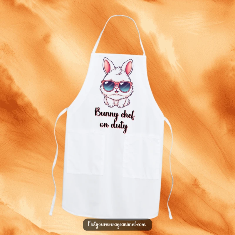 Funny bunny apron with a fluffy rabbit wearing oversized sunglasses, designed for chefs and home cooks who enjoy a humorous kitchen style.