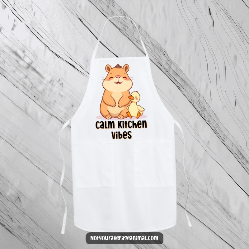 Funny apron: A giggling capybara sits peacefully beside a tiny duck while cooking.