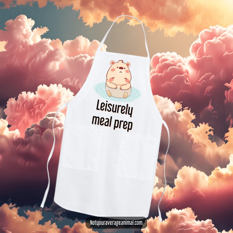 Funny apron depicting a content capybara character relaxing in water, ideal for cooking with a calm attitude.
