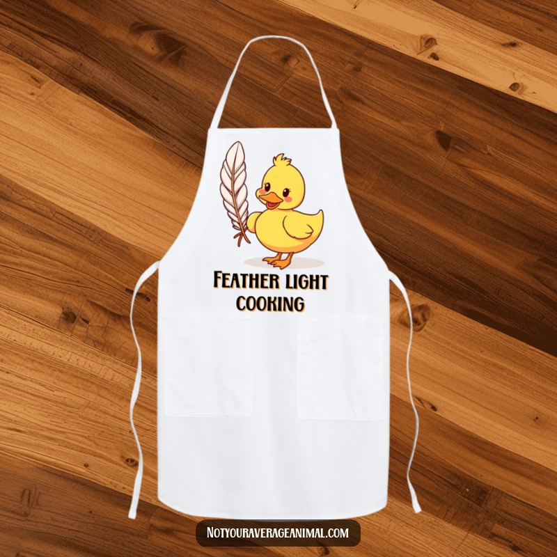 Funny cartoon duck apron designed with a silly duck waddling with a giant feather, perfect for kitchen fun and a humorous experience. A great gift.
