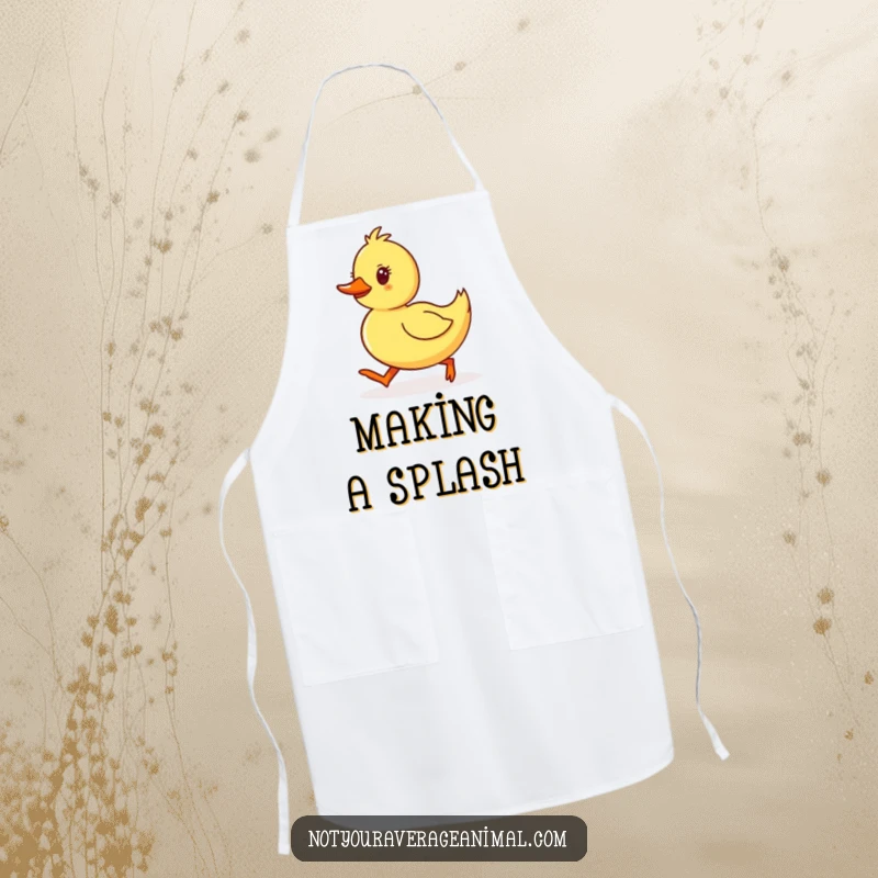Funny Duckling Apron featuring a yellow duckling waddling with determined, happy steps, perfect for cooking with a smile.