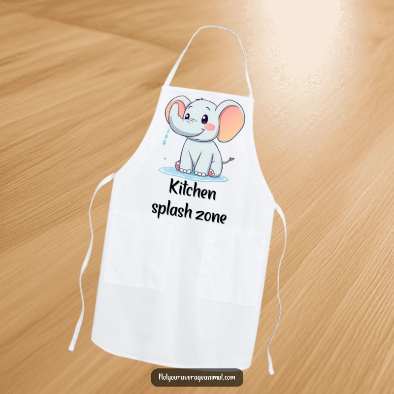 Funny apron illustrated with a happy elephant spraying water from its trunk, perfect for a fun cooking experience.
