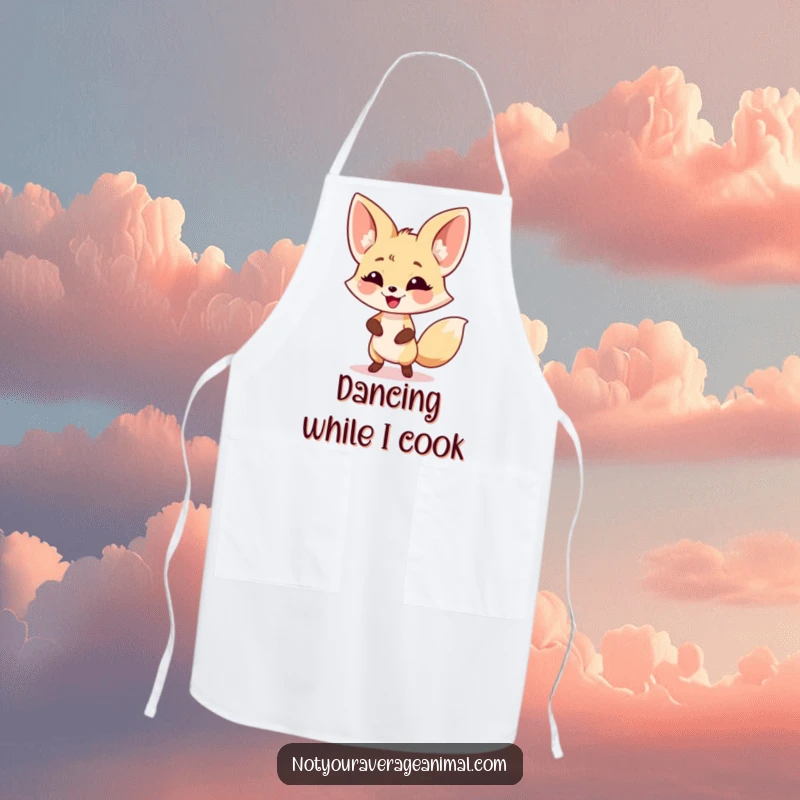 Funny fennec fox apron with a smiling, dancing character and large ears, designed for a fun and stylish cooking experience.