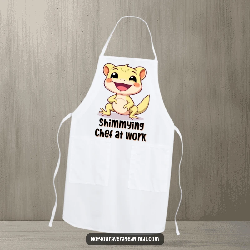 Funny Gecko Apron showing a happy gecko character mid-shimmy, adding a playful and humorous touch to cooking.