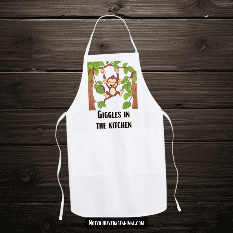 Funny monkey apron showing a mischievous primate swinging from a vine, giggling heartily, perfect for a fun cooking experience.