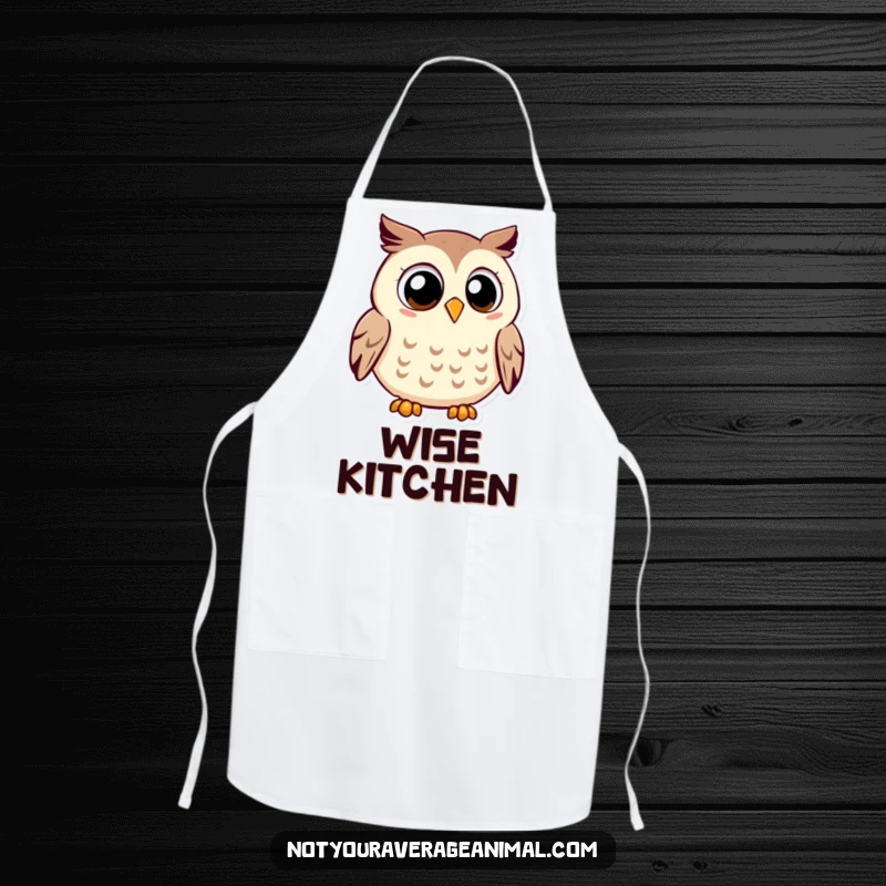 Funny owl apron with a smiling owl and large eyes, contentedly hooting, ready for kitchen duties.