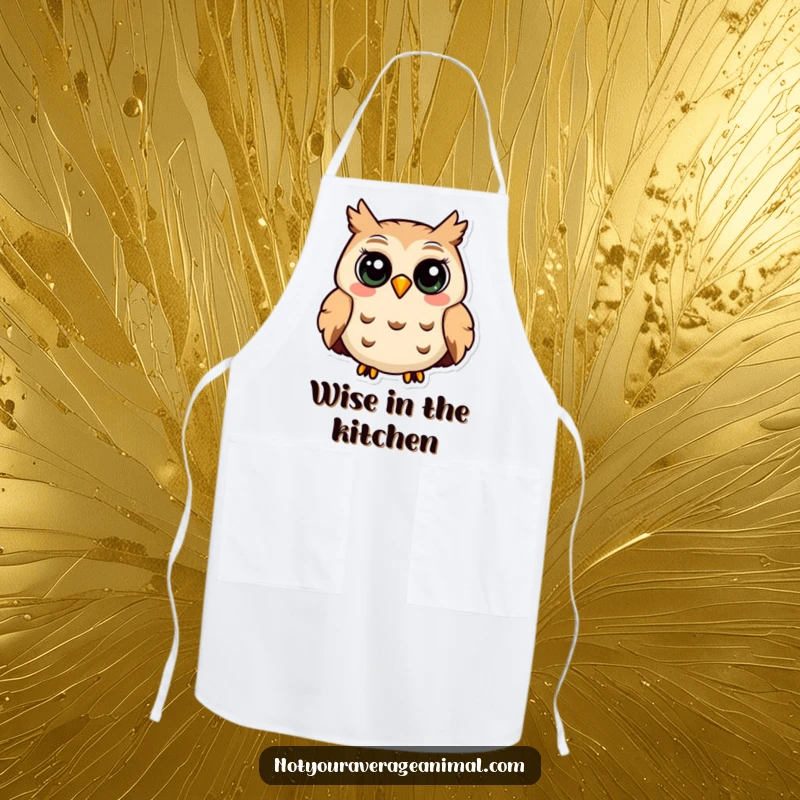 Funny apron featuring a wise-looking owl with large eyes, contentedly hooting, ready for kitchen duties.
