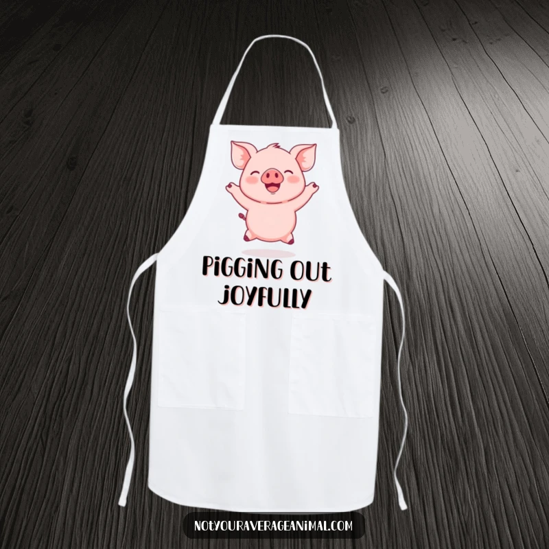 Funny Pink Piglet Apron for the kitchen, showing a piglet jumping with ears flapping, ready for fun and messy cooking.