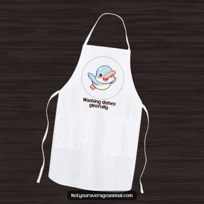Funny apron depicting a goofy platypus character swimming with a big smile, perfect for kitchen fun.