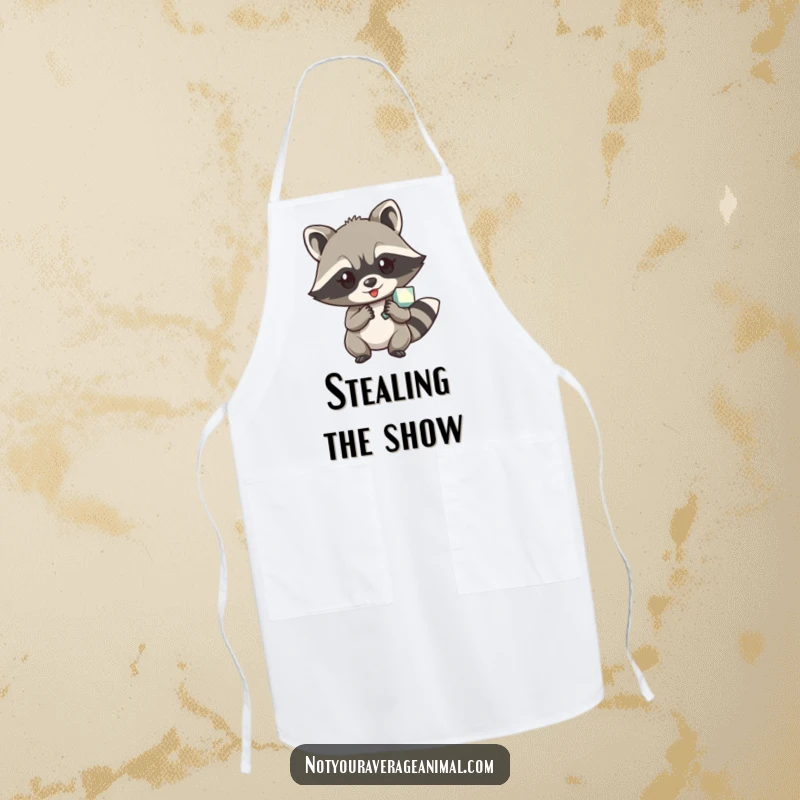 Funny apron depicting a mischievous raccoon character hoarding a shiny treasure, ideal for culinary capers.