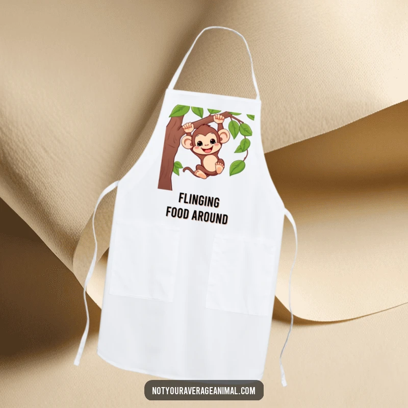 Funny apron displaying a silly monkey swinging from a vine, designed for chefs who enjoy a playful and humorous approach to cooking.