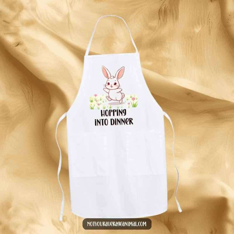 Funny apron design of a cheerful rabbit with long ears, hopping through a field, ready for culinary fun and nature's joy.