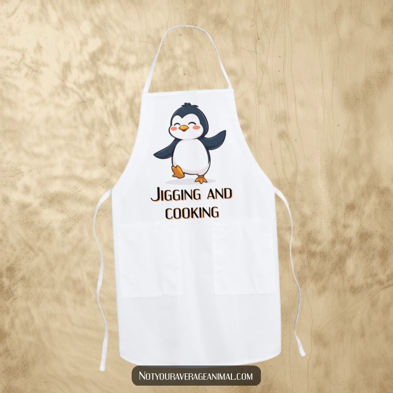 Funny Apron: A determined penguin enthusiastically performing a joyful jig while cooking, a truly comical kitchen sight.
