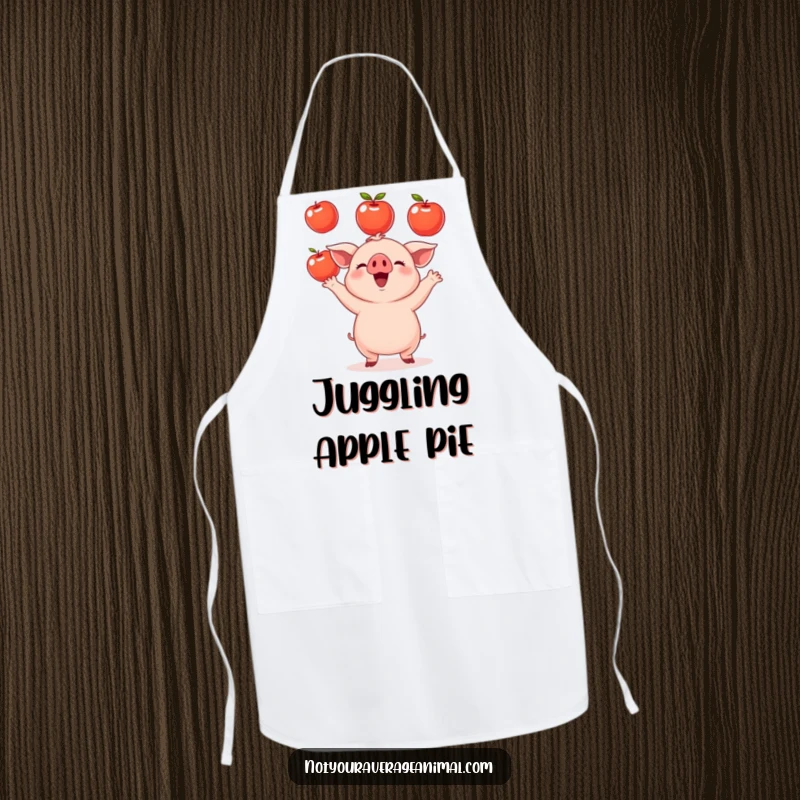 Funny small round piglet apron designed with a happy piglet juggling apples, perfect for kitchen fun and a humorous farm experience. A great gift.