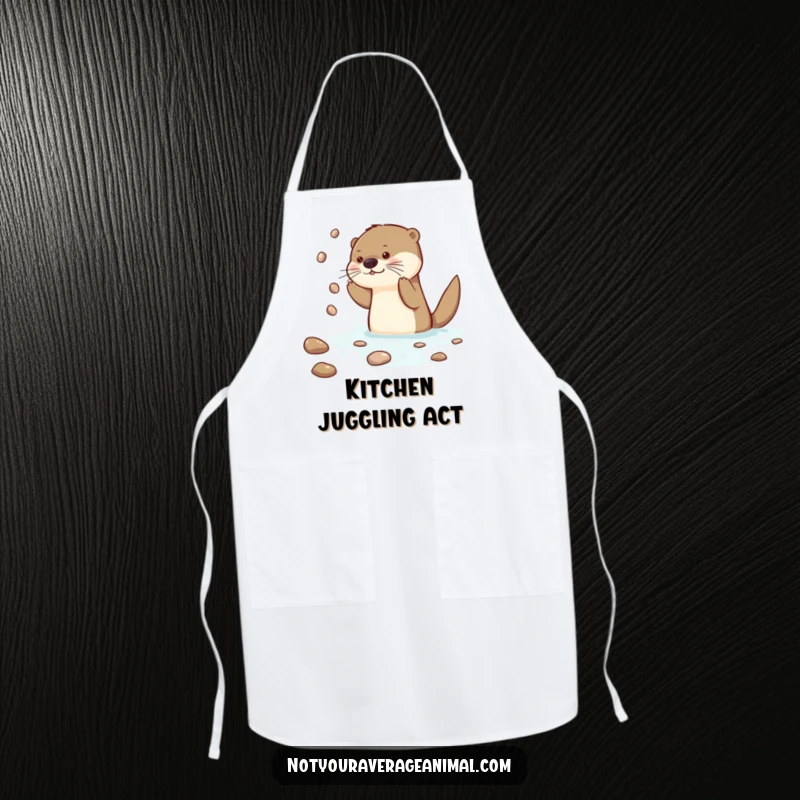 Funny Otter Apron showing a curious otter character juggling shiny pebbles, bringing a humorous aquatic theme to the kitchen.