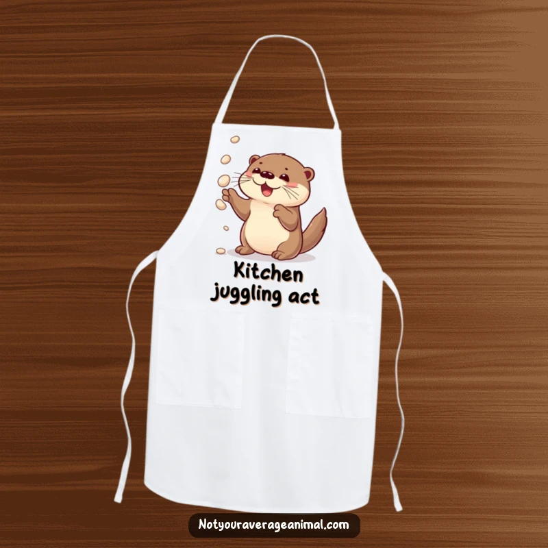 Funny apron with a curious otter delightedly juggling shiny pebbles, perfect for playful kitchen activities.
