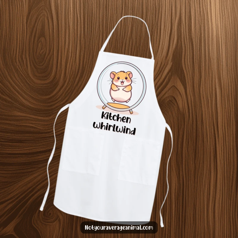 Funny kitchen apron with a chubby hamster spinning enthusiastically inside a transparent exercise wheel, ready for culinary adventures.