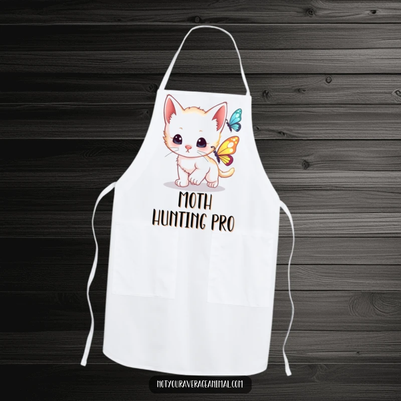 Funny curious kitten playfully chasing a shimmering butterfly, perfect for a cute and humorous kitchen apron.