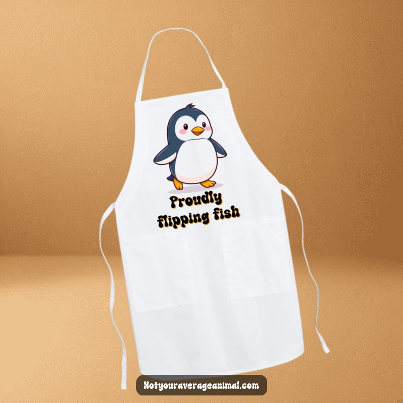 Funny apron displaying a proud penguin waddling happily, designed for chefs who enjoy a cheerful and humorous approach to cooking.