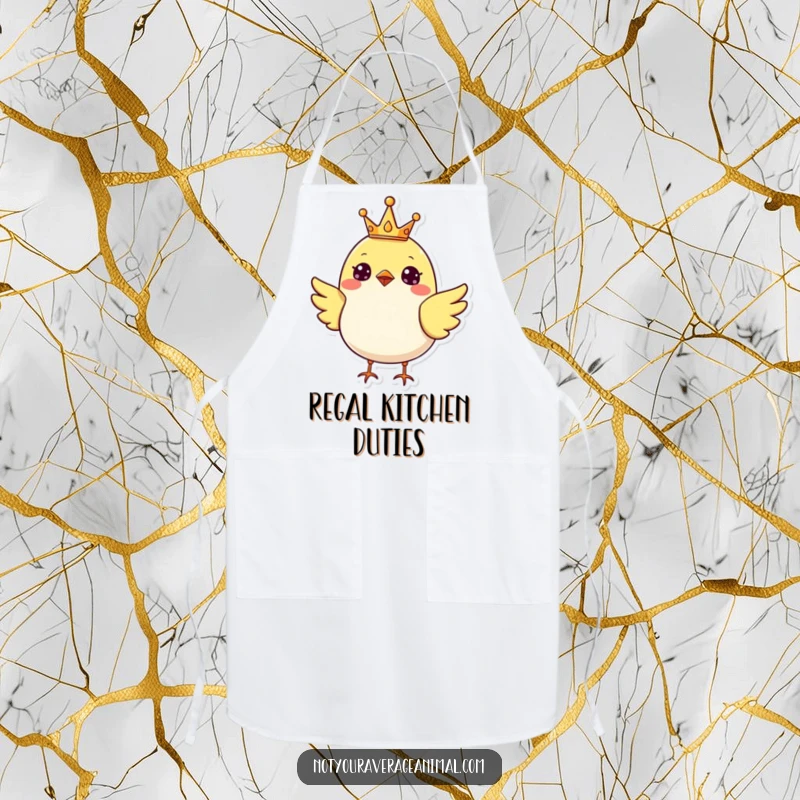 Funny cheerful bird wearing a tiny crown, ready to cook in a humorous kitchen apron.