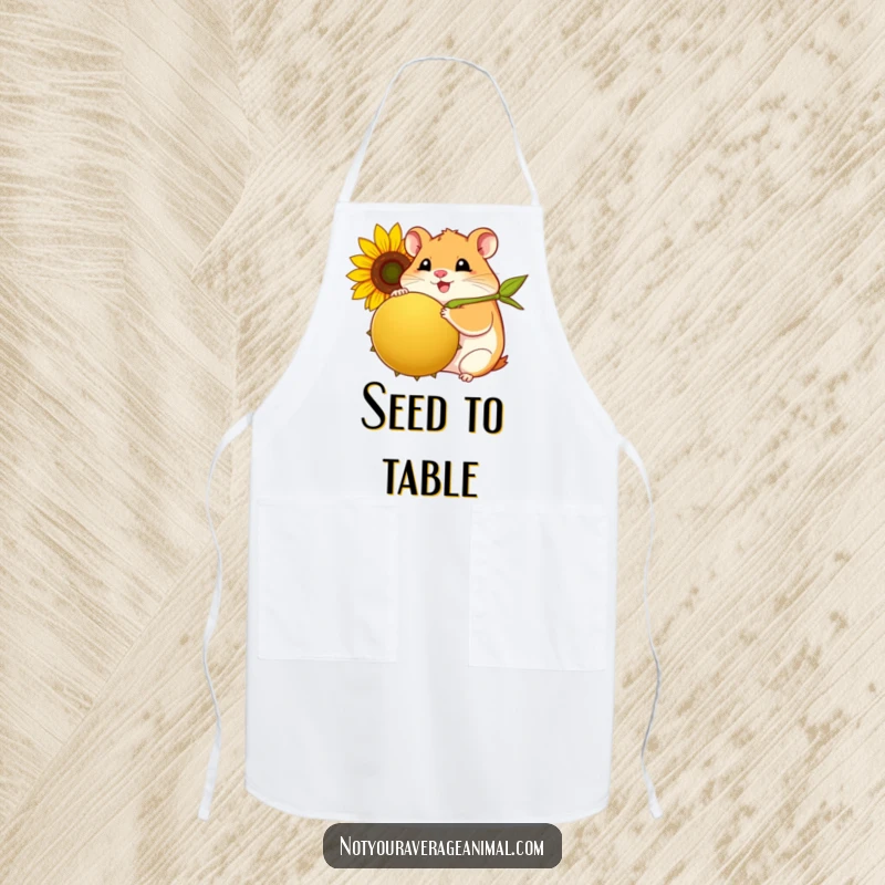 Funny hamster apron showing a plump, smiling hamster joyfully clutching a giant sunflower seed.