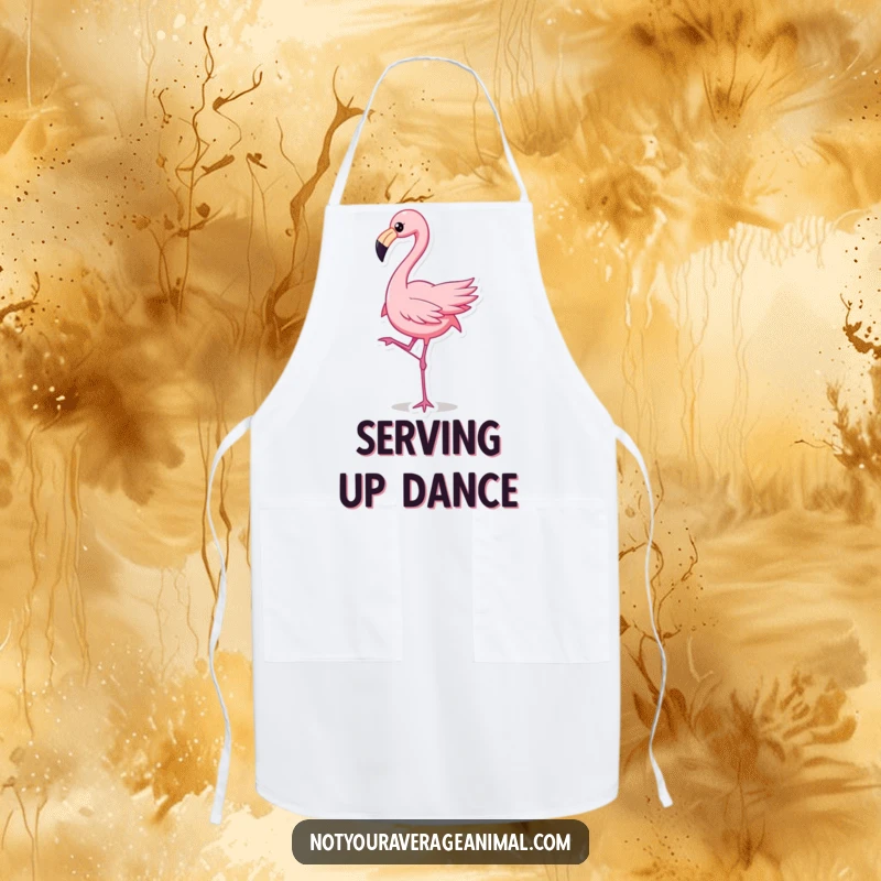 Funny flamingo dancing on a kitchen apron, bringing lively humor for a unique funny gift.