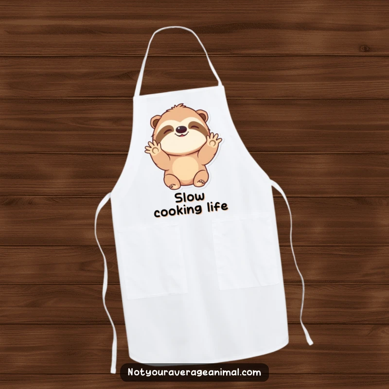 Funny apron depicting a happy sloth character in a slow, cheerful wave hello, perfect for kitchen fun and cooking.