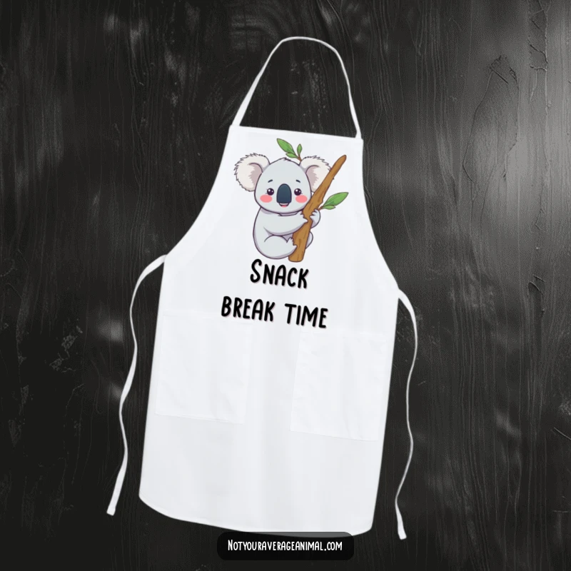 Funny apron with a content koala character happily hugging a eucalyptus branch, ideal for humorous and relaxed cooking.