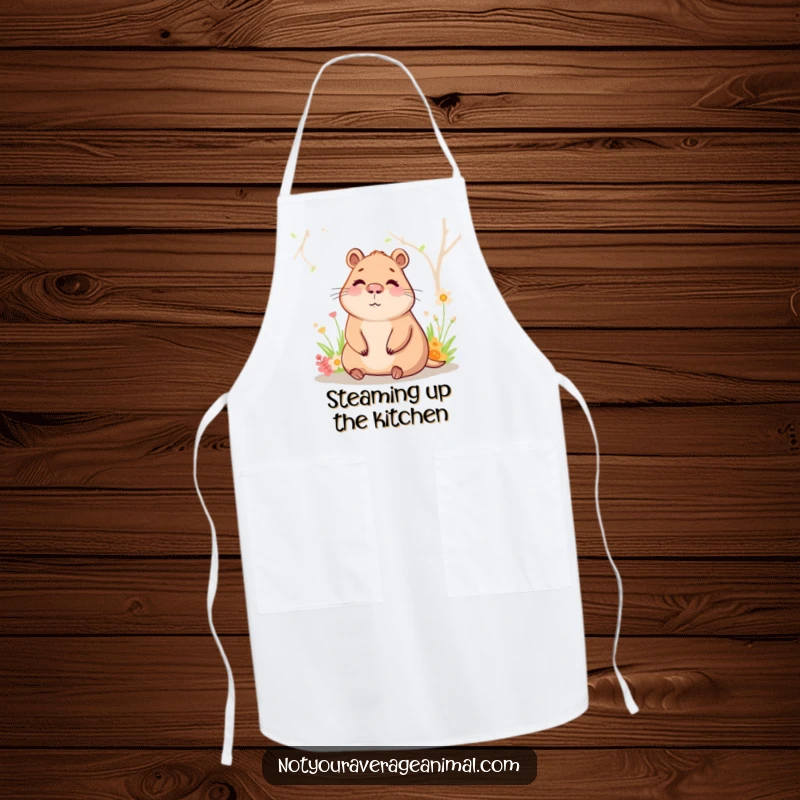 Funny capybara apron with a happy character sitting in a warm spring, ideal for a calm and clean cooking experience.