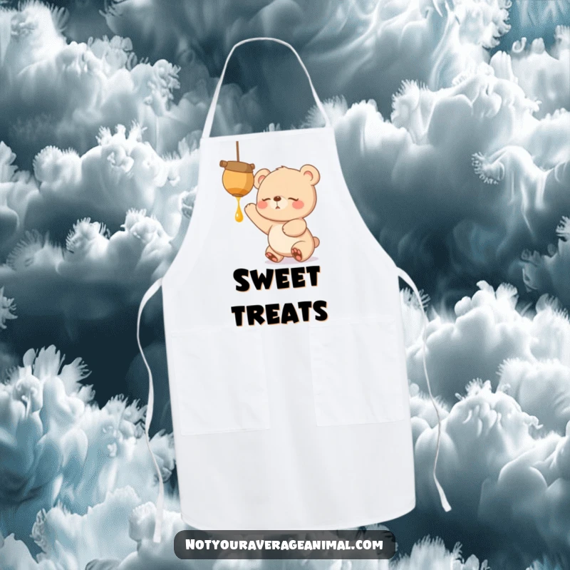 Funny kitchen apron with a sleepy bear cub excitedly reaching for a dangling honeypot, embodying a sweet craving while cooking.