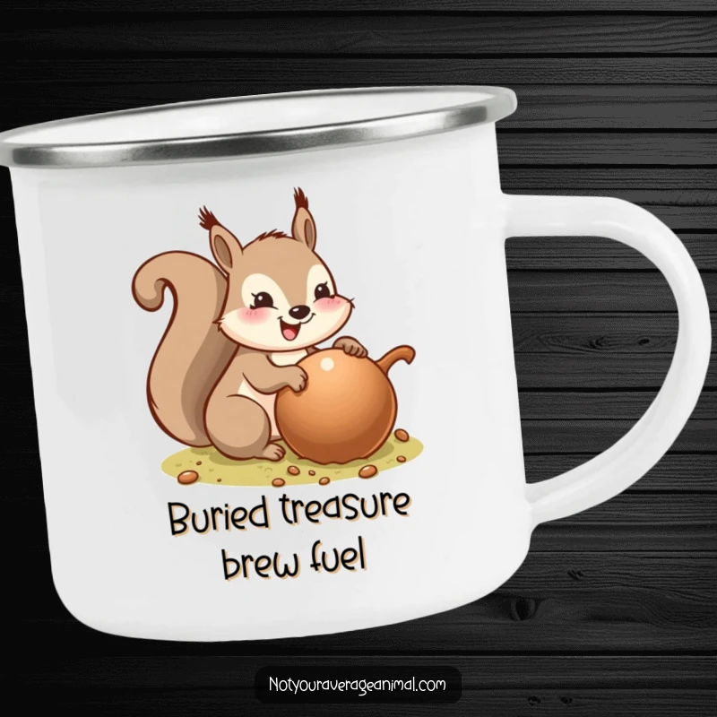 Funny camping mug showcasing a happy squirrel burying a massive acorn, perfect for outdoor enthusiasts who enjoy a humorous companion.