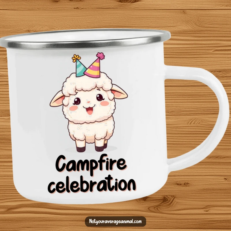 Funny sheep camping mug featuring a fluffy sheep in a party hat cheerfully bleating, ready for festive sips in the great outdoors.