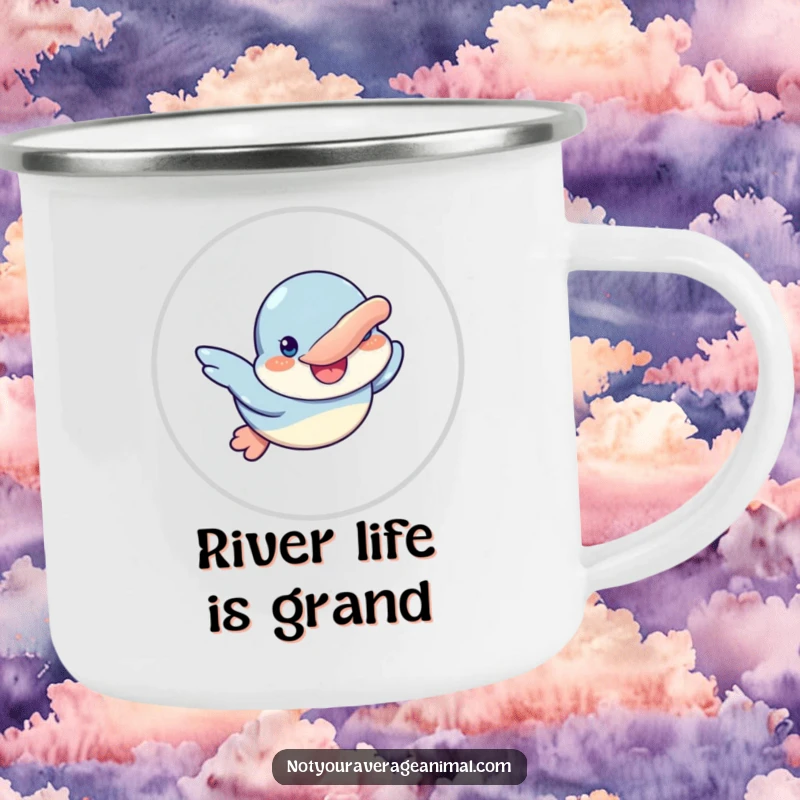 Funny camping mug showing a goofy platypus character swimming with a huge smile, ideal for outdoor enjoyment.