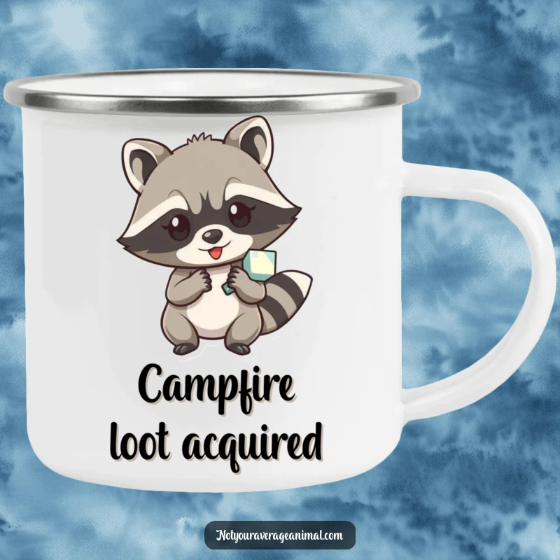 Funny camping mug showing a mischievous raccoon character proudly holding a shiny object, ready for the great outdoors.