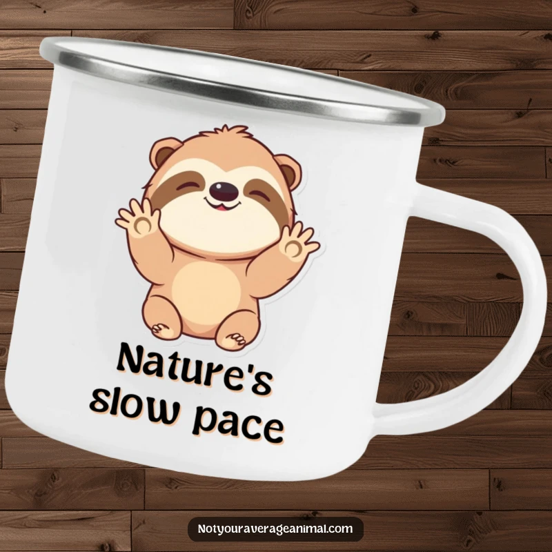 Funny camping mug showcasing a smiling sloth character giving a slow, cheerful wave hello, ideal for outdoor enjoyment.