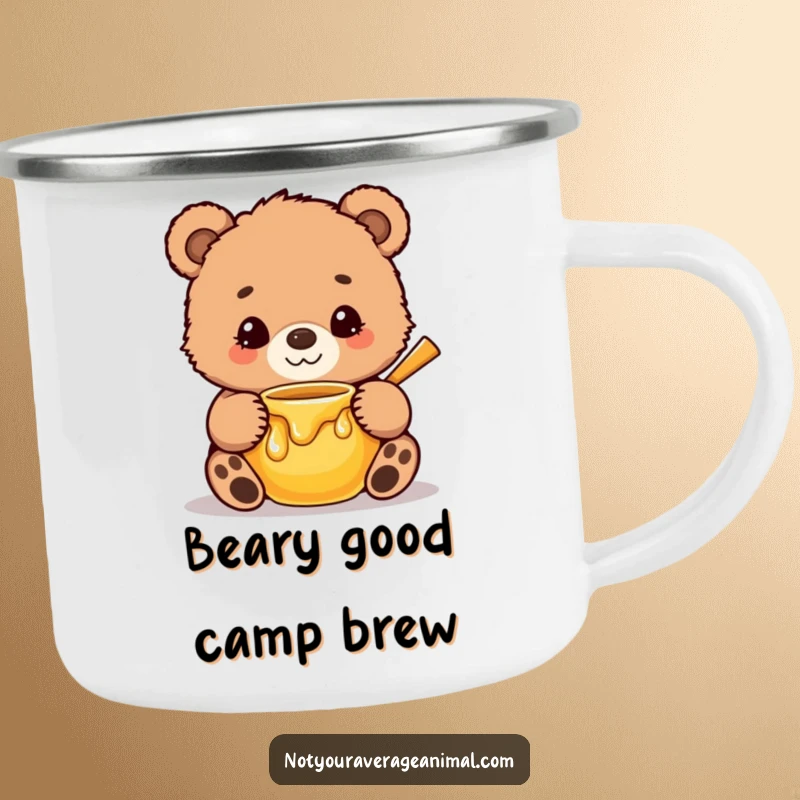 Funny Camping Mug featuring a cute, fuzzy bear cub with a sweet smile, hilariously hugging a honey pot, ideal for outdoor enjoyment.