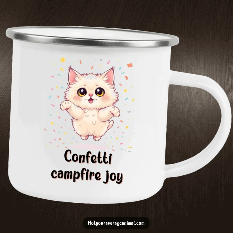 Funny fluffy cat camping mug depicting a cat with large eyes joyfully leaping through confetti, perfect for festive outdoor moments. Sturdy and fun.