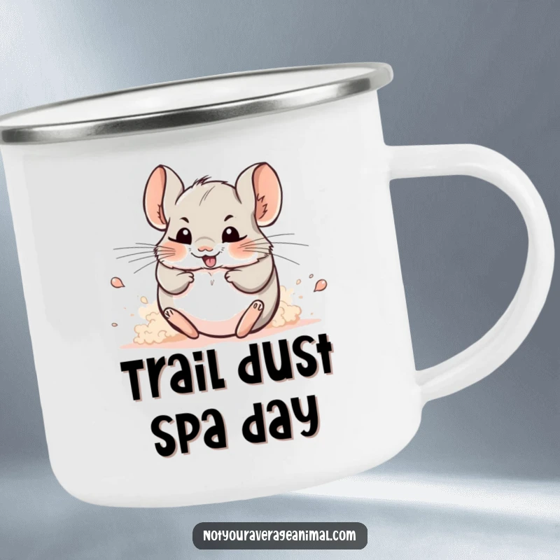 Funny camping mug: A cheerful chinchilla rolls happily in a cloud of dust during an outdoor adventure.