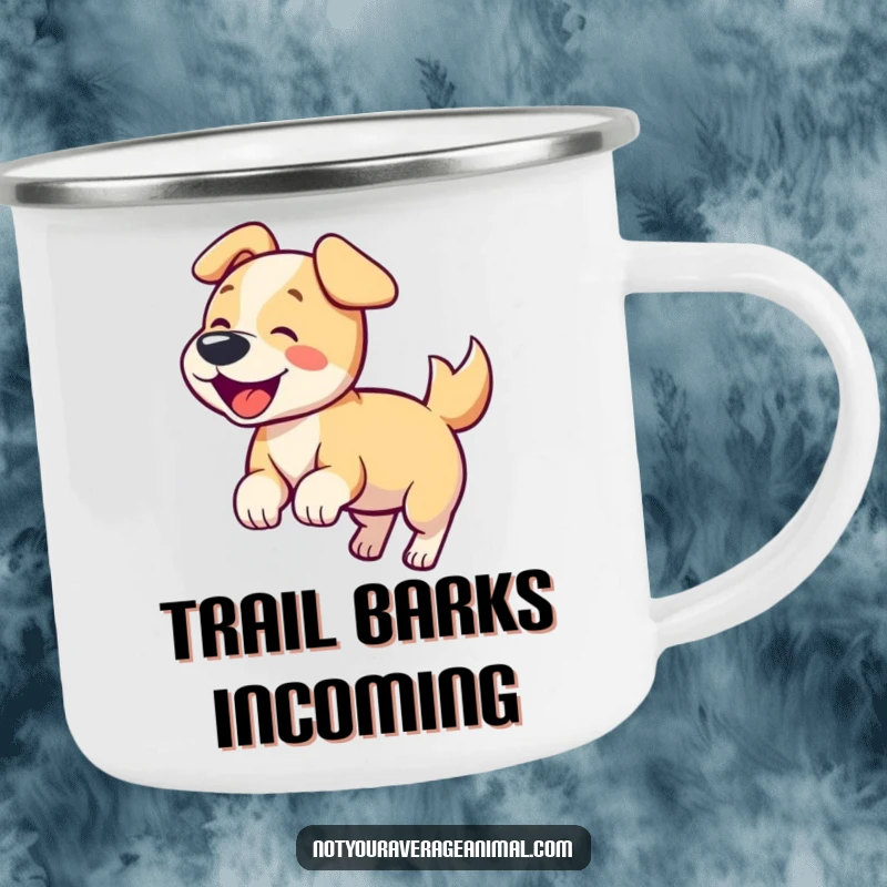 Funny dog camping mug with a happy dog wagging its tail and barking, perfect for outdoor use.