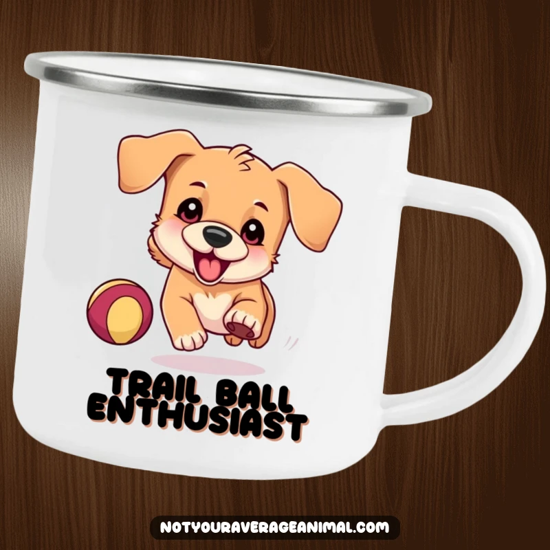 Funny Camping Mug featuring a playful dog with floppy ears, hilariously chasing a bouncing ball, ideal for outdoor fun and warm drinks.