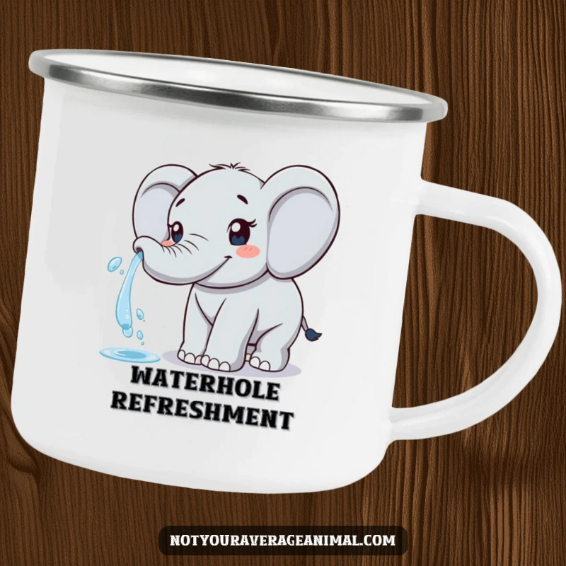 Funny elephant camping mug showing a happy elephant spraying water from its trunk, designed for outdoor fun.