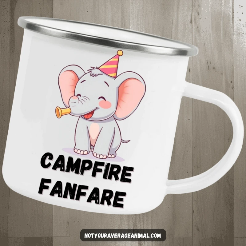 Funny camping mug featuring a joyful elephant blowing a party horn, perfect for festive outdoor celebrations.